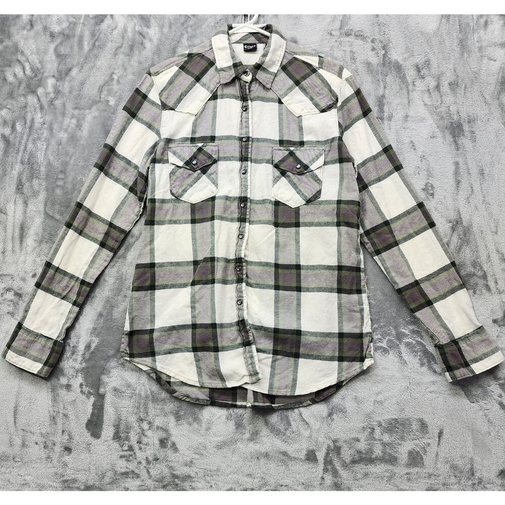 Cruel Denim Top Womens M Multicolor Plaid Flannel Cotton Pearl Snap Long Sleeves